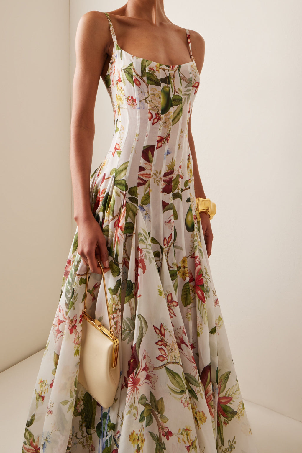 Botanical Fruit Floral Print Corset Bodice Spaghetti Strap Maxi Gown