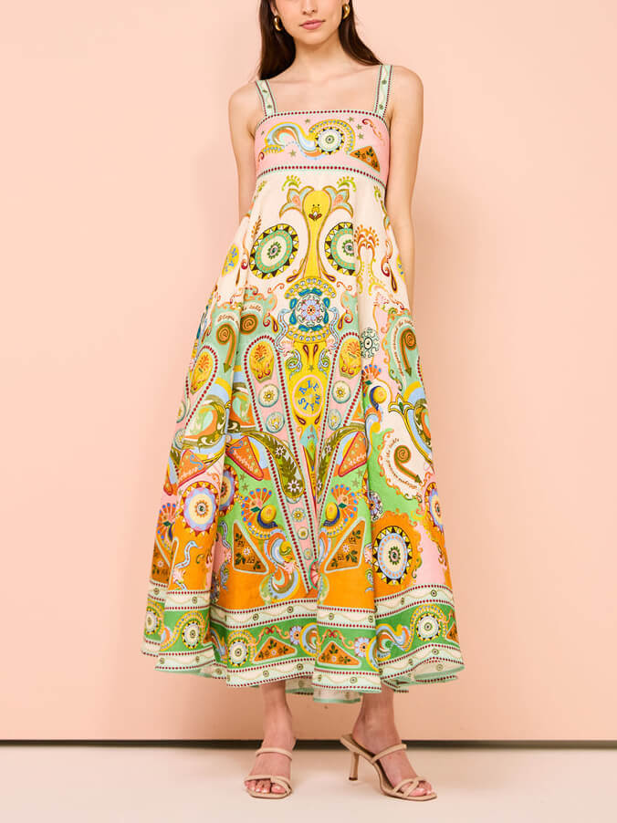 Paisley Print Spaghetti Strap Fit and Flare Maxi Dress