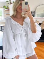 Ruffles Lace Up Long Sleeve Shorts Set