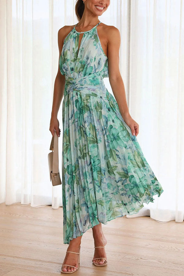 Floral Print Halter Neck Keyhole Cutout Pleated Handkerchief Hem Maxi Dress