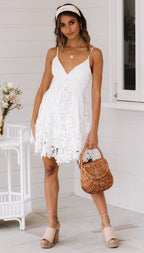Lace Panel Pleated Deep V-Neck Spaghetti Strap A-Line Mini Dress