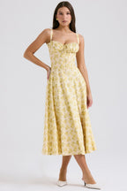 Ditsy Floral Print Sweetheart Corset Front Slit Midi Dress