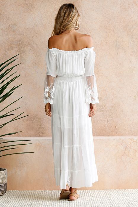 Off Shoulder Lace Embroidered Bell Sleeve Smocked Tiered Maxi Dress