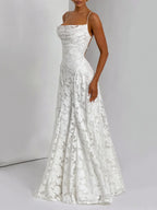 Square Neck Spaghetti Strap Floral Applique Tiered A-Line Maxi Dress