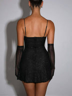 Glitter Mesh Sweetheart Spaghetti Strap Bustier Side Slit Bodycon Mini Dress