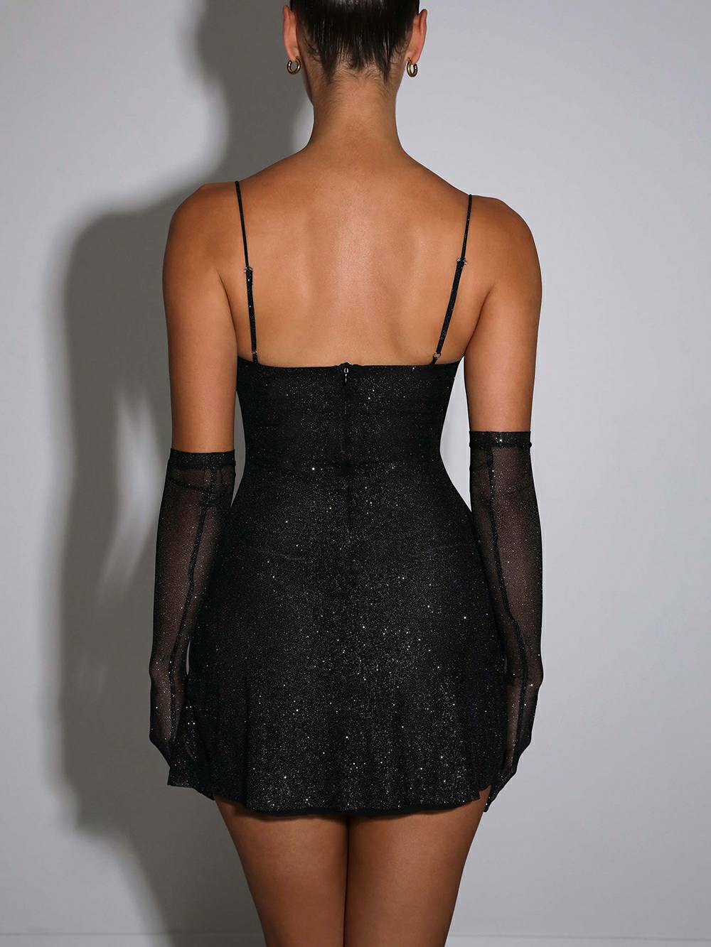 Glitter Mesh Sweetheart Spaghetti Strap Bustier Side Slit Bodycon Mini Dress