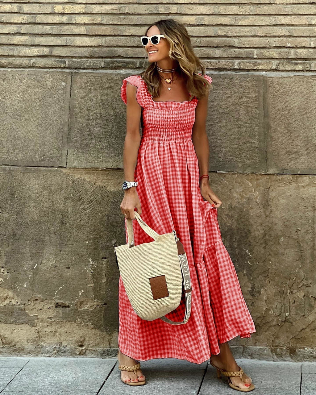 Gingham Print Smocked Square Neck Cap Sleeve Tiered Maxi Dress
