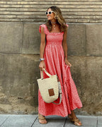 Gingham Print Smocked Square Neck Cap Sleeve Tiered Maxi Dress
