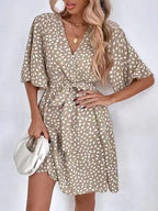 Dalmatian Print Flutter Sleeve Wrap Tie Waist Mini Dress