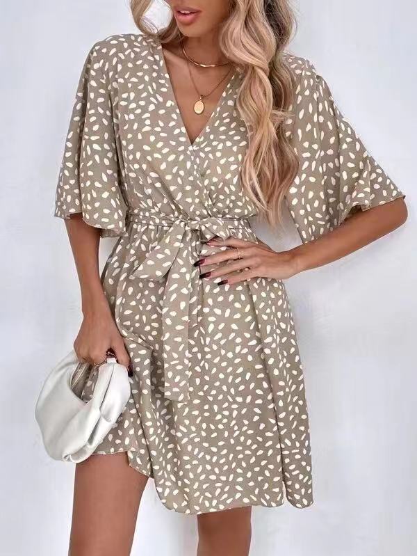 Dalmatian Print Flutter Sleeve Wrap Tie Waist Mini Dress