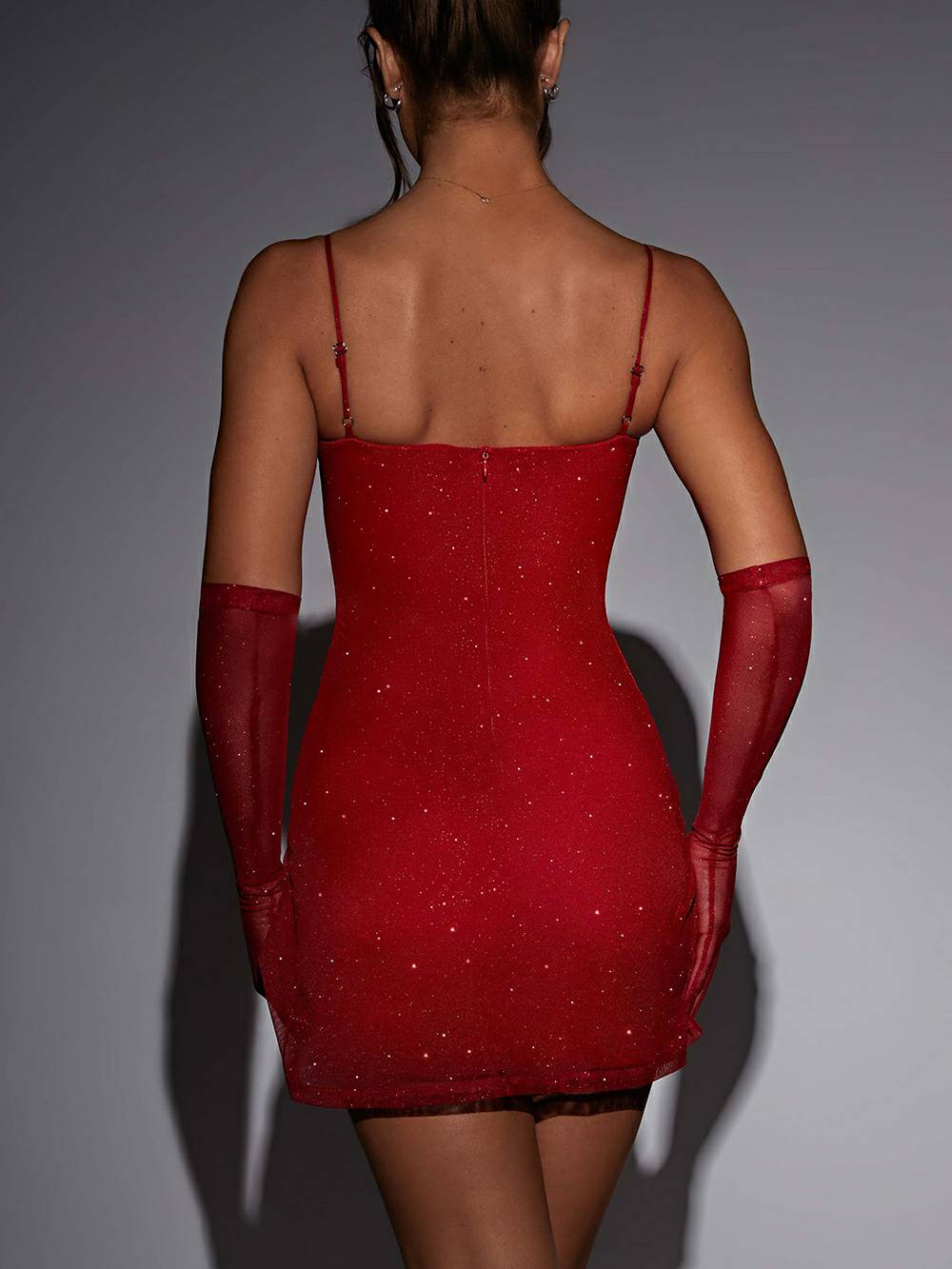 Glitter Mesh Sweetheart Spaghetti Strap Bustier Side Slit Bodycon Mini Dress