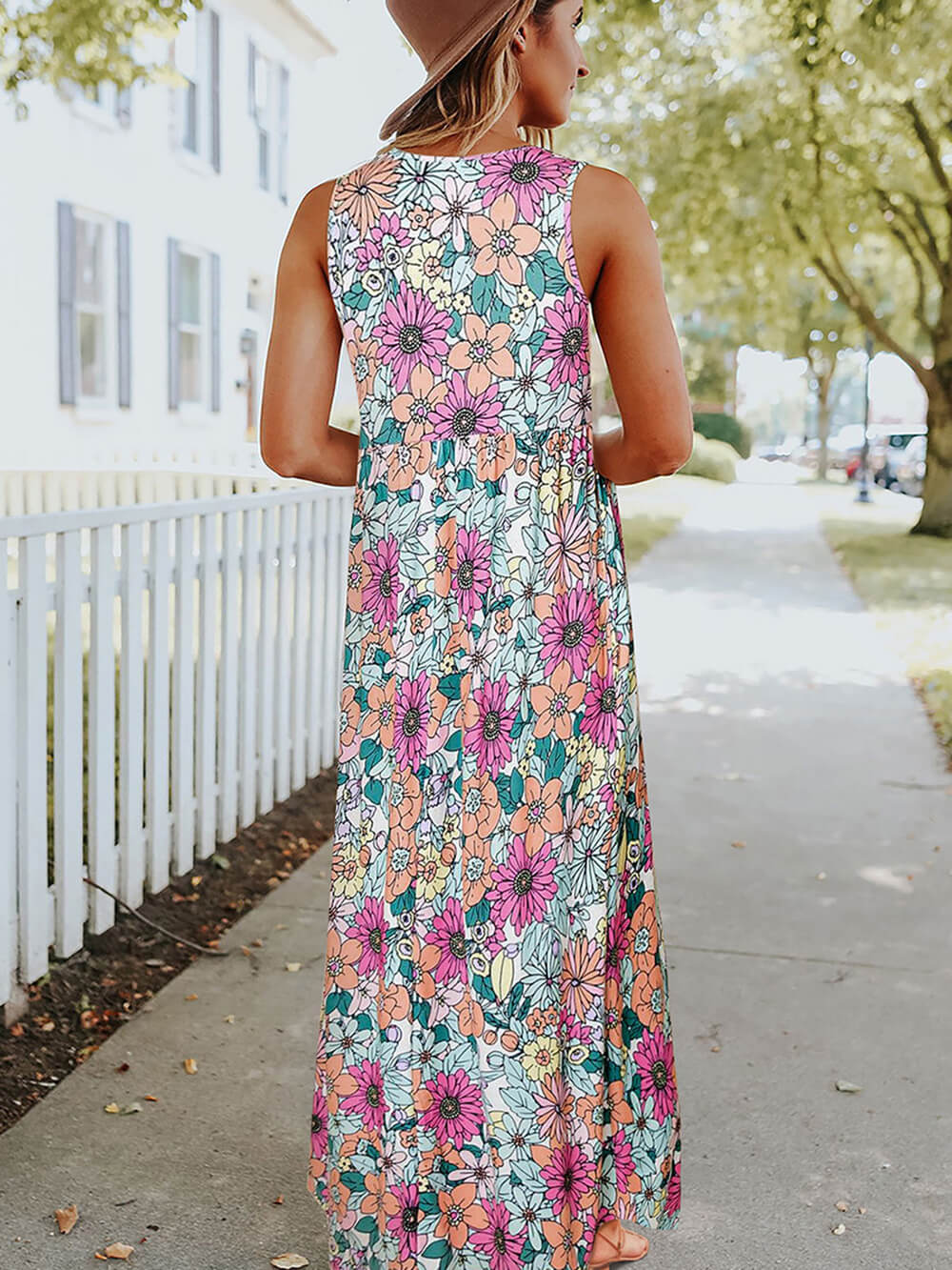 Floral Print Crew Neck Empire Waist Pocket Maxi Dress