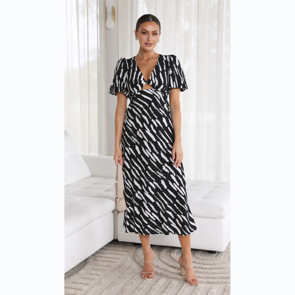 Abstract Brushstroke Print Twist V-Neck Midriff Cut Out Puff Sleeve Midi Dress
