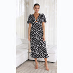 Abstract Brushstroke Print Twist V-Neck Midriff Cut Out Puff Sleeve Midi Dress