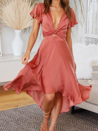 Twist Front Cutout Deep V Neck Flutter Sleeve High Low Satin Midi Dress