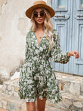 Floral Print Deep V-Neck Lantern Sleeve Smocked Waist Tiered Ruffle Hem Mini Dress