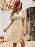 Swiss Dot Flutter Sleeve V-Neck Lace Insert Tiered Ruffle Hem Mini Dress