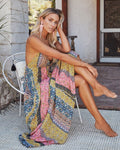 Deep V-Neck Patchwork Floral Paisley Halter Maxi Dress