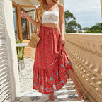 Floral Print Button Front Drawstring Waist Tiered Ruffle Hem Maxi Dress