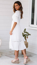 Deep V-Neck Crochet Lace Empire Waist Tiered Ruffle Hem Midi Dress