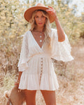 Lace Eyelet Deep V-Neck Bell Sleeve Smocked Button Front Mini Dress