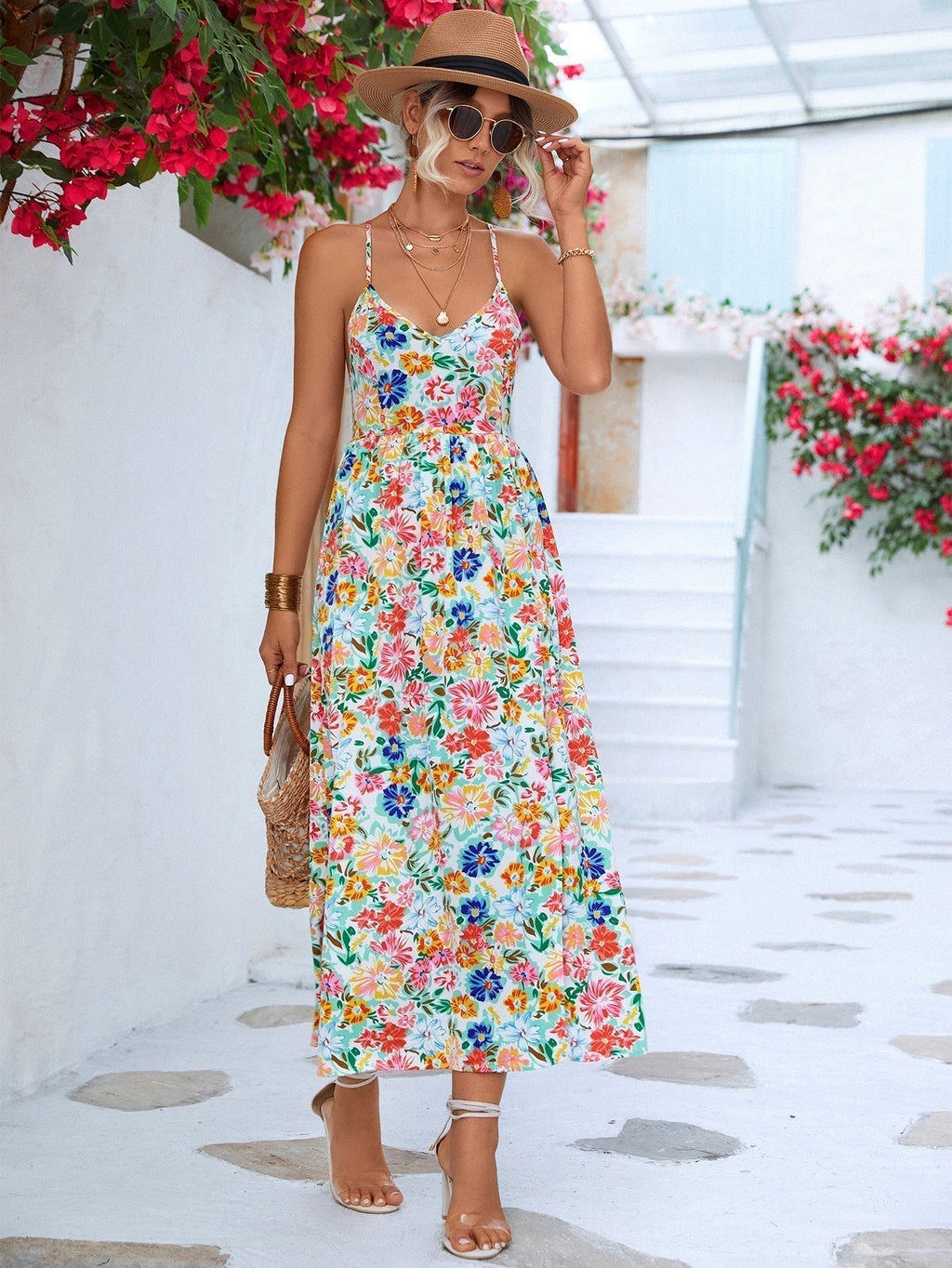 Spaghetti Strap Deep V-Neck Open Back Floral Side Slit Maxi Dress
