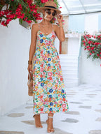 Spaghetti Strap Deep V-Neck Open Back Floral Side Slit Maxi Dress