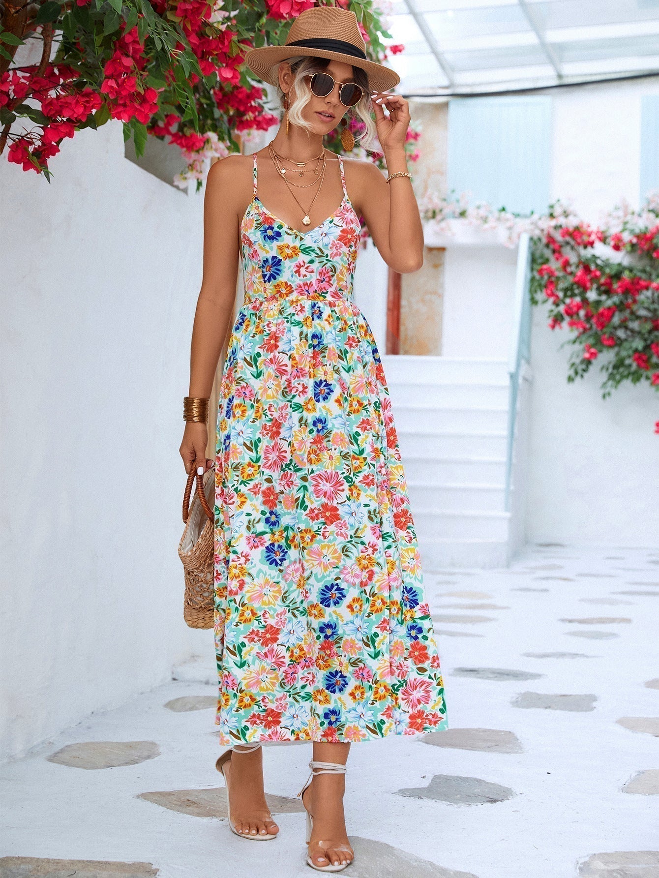 Spaghetti Strap Deep V-Neck Open Back Floral Side Slit Maxi Dress
