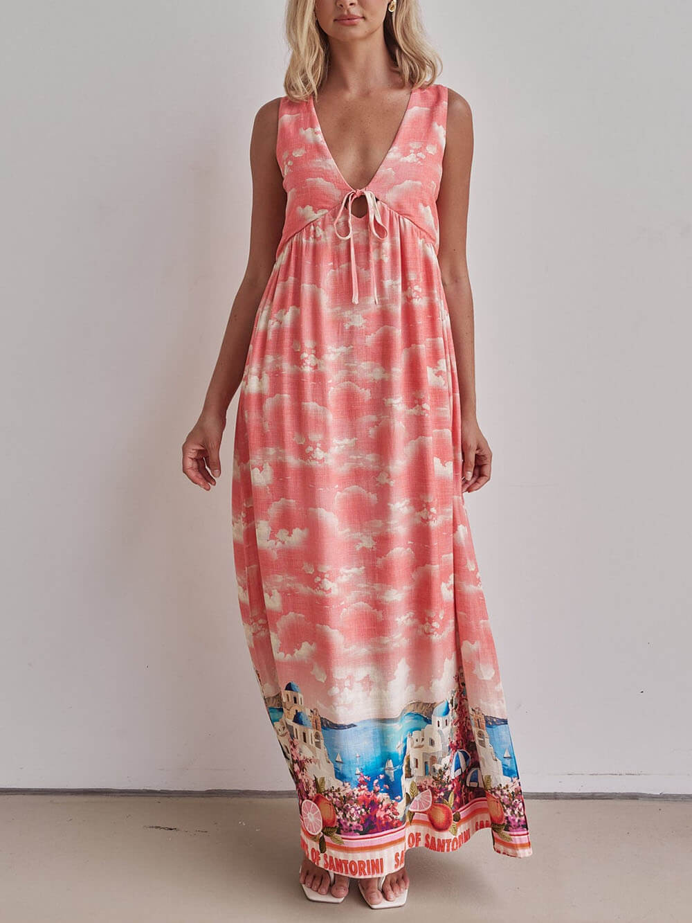 Wide Strap V-Neck Tie Front Cloud Print Scenic Border Maxi Dress