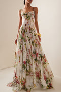 Botanical Fruit Floral Print Corset Bodice Spaghetti Strap Maxi Gown