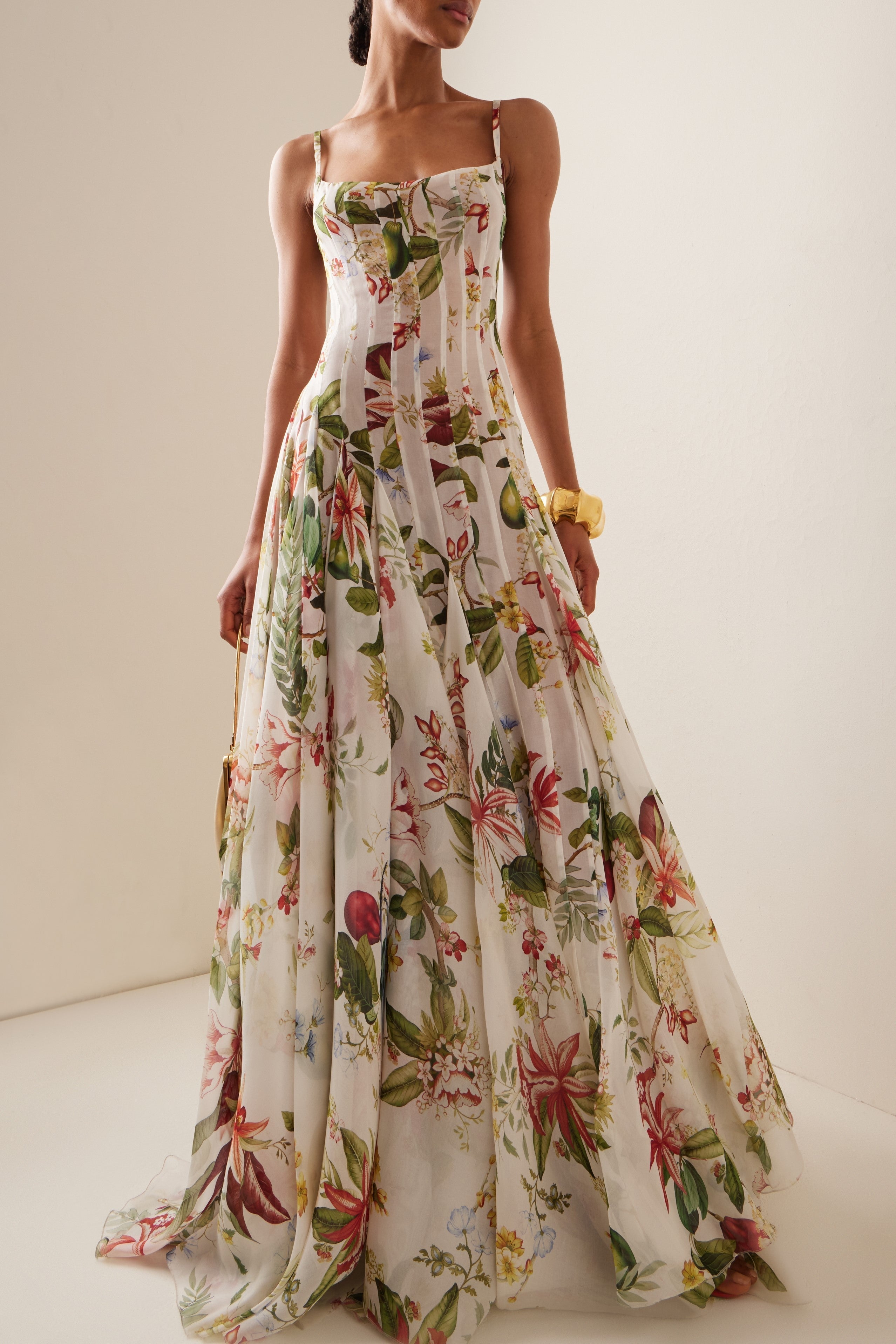 Botanical Fruit Floral Print Corset Bodice Spaghetti Strap Maxi Gown