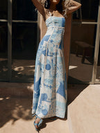 Square Neck Spaghetti Strap Crochet Trim Pottery Vase Print Column Maxi Dress