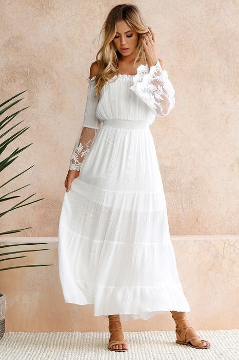 Off Shoulder Lace Embroidered Bell Sleeve Smocked Tiered Maxi Dress