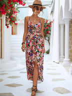 Spaghetti Strap Deep V-Neck Open Back Floral Side Slit Maxi Dress