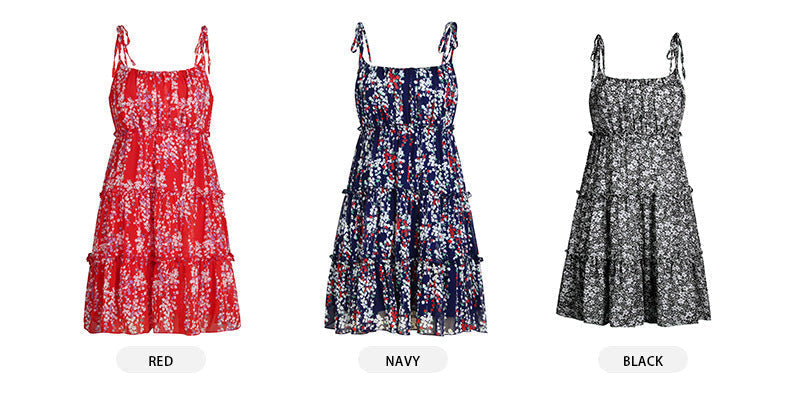 Square Neck Tie Shoulder Tiered Ruffle Ditsy Floral Mini Dress