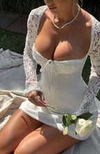Sweetheart Tie Front Lace Panel Long Sleeve Mini Dress