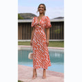 Abstract Brushstroke Print Twist V-Neck Midriff Cut Out Puff Sleeve Midi Dress