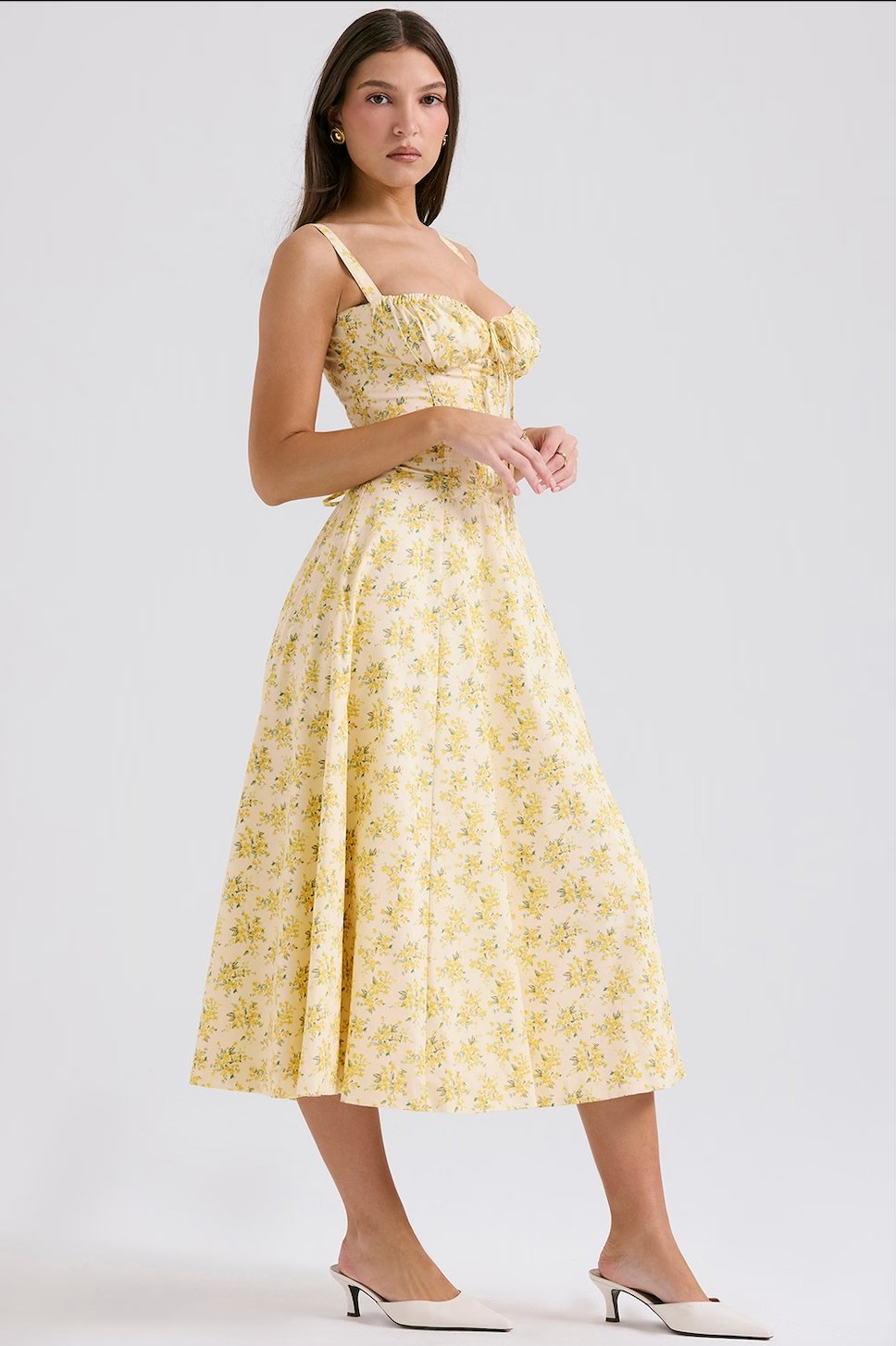 Ditsy Floral Print Sweetheart Corset Front Slit Midi Dress