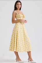 Ditsy Floral Print Sweetheart Corset Front Slit Midi Dress