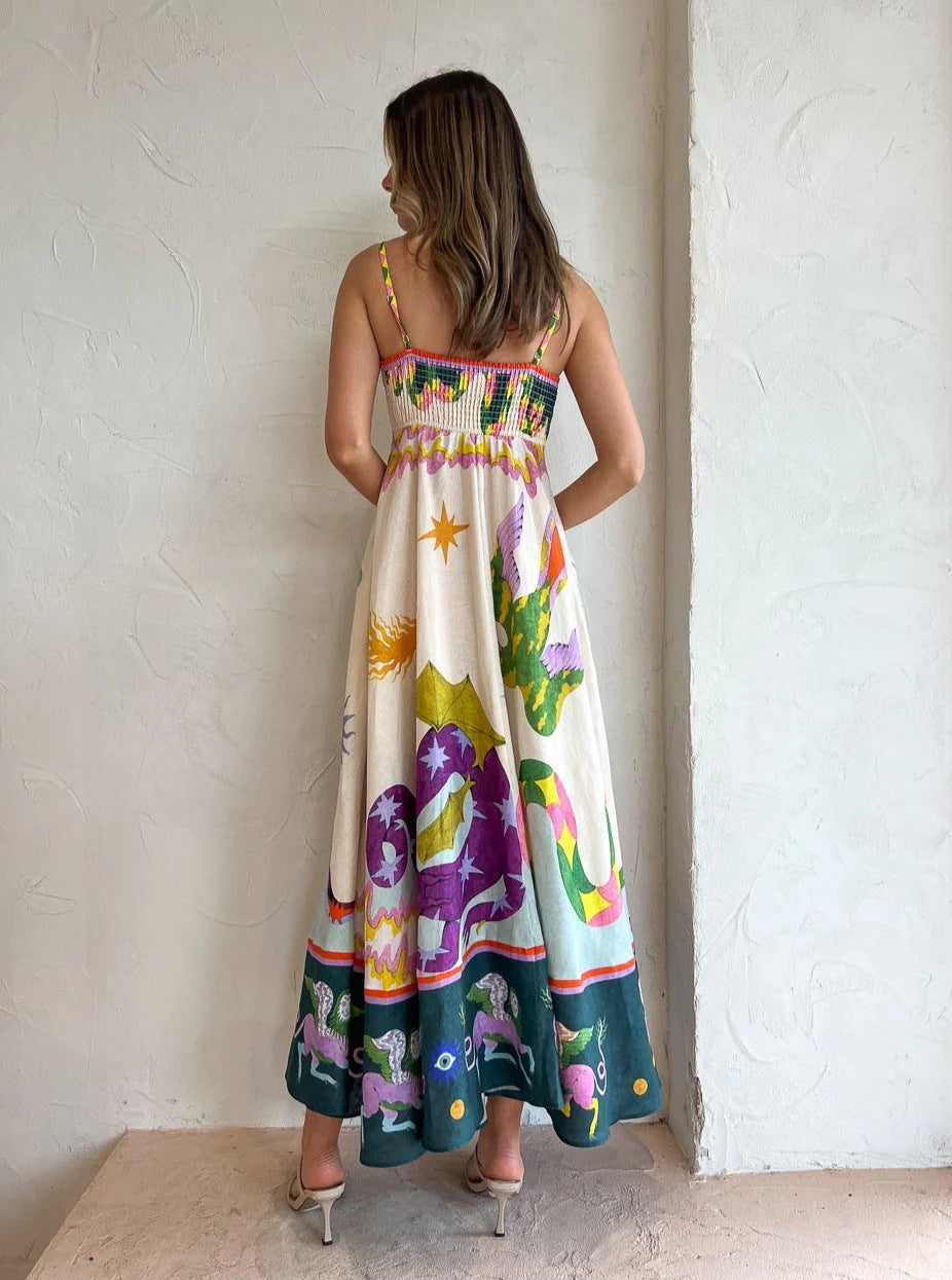 Mythological Print Spaghetti Strap Square Neck Smocked Back Pocketed Midi Dress