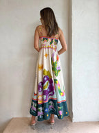 Mythological Print Spaghetti Strap Square Neck Smocked Back Pocketed Midi Dress