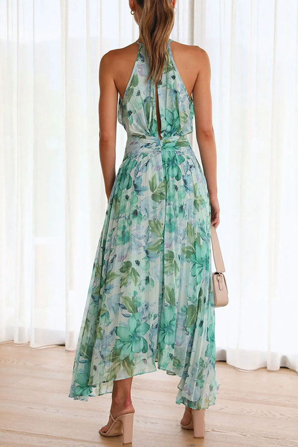 Floral Print Halter Neck Keyhole Cutout Pleated Handkerchief Hem Maxi Dress