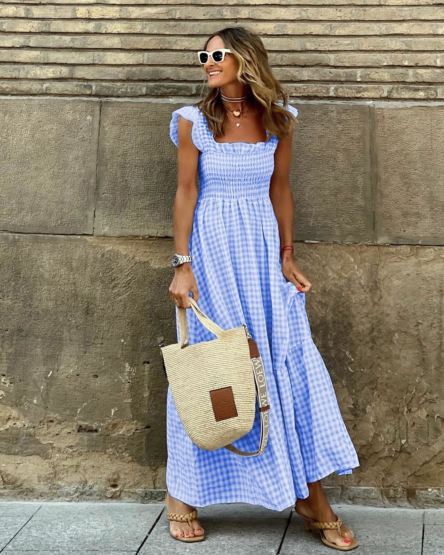 Gingham Print Smocked Square Neck Cap Sleeve Tiered Maxi Dress