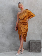 One Shoulder Draped Flutter Sleeve Wrap Ruched High Slit Midi Dress