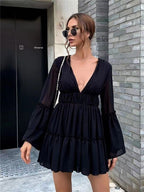 Chiffon Deep V-Neck Mesh Bell Sleeve Smocked Tiered Ruffle Mini Dress