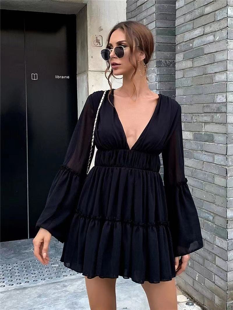 Chiffon Deep V-Neck Mesh Bell Sleeve Smocked Tiered Ruffle Mini Dress