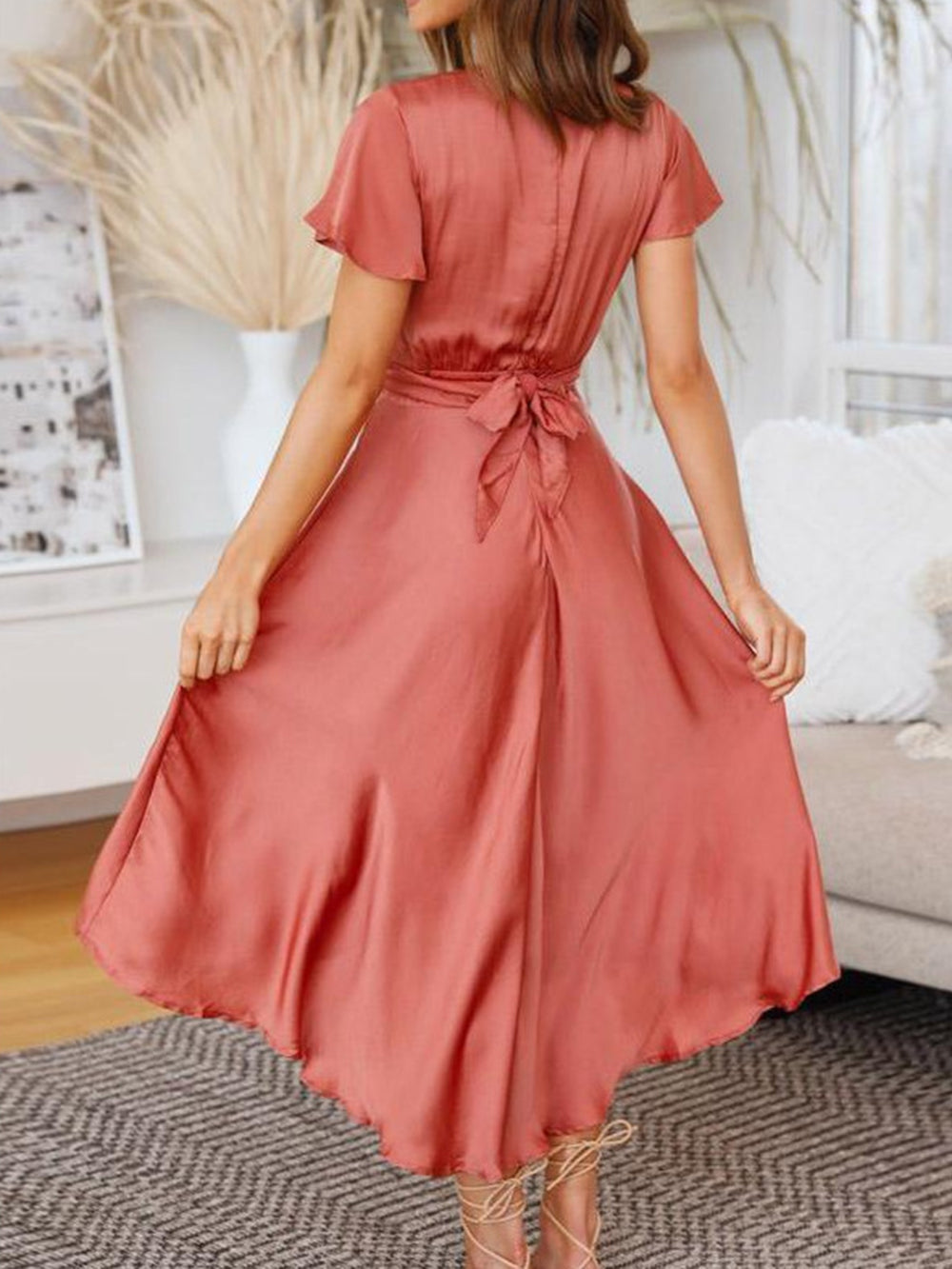 Twist Front Cutout Deep V Neck Flutter Sleeve High Low Satin Midi Dress