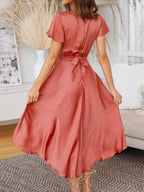Twist Front Cutout Deep V Neck Flutter Sleeve High Low Satin Midi Dress