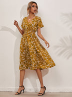 Ditsy Floral Print Smocked Waist V-Neck Short Sleeve Midi Dress