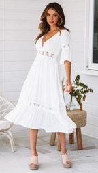 Deep V-Neck Crochet Lace Empire Waist Tiered Ruffle Hem Midi Dress